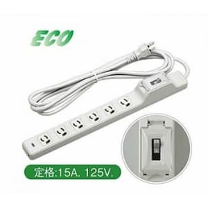 【受注生産品】15A 漏電ブレーカ付OA抜け止め接地タップ 6コ口 EM-CCTFコード5m 耐トラッキング接地プラグ付 MR7634TJK5