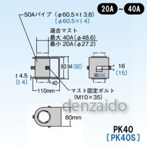 マスプロ 【受注生産品】側面付けマスト取付金具 適合マスト:φ27.2〜48.6mmのマスト用(20〜40A) ステンレス製 【受注生産品】側面付けマスト取付金具 適合マスト:Φ27.2〜48.6mmのマスト用(20〜40A) ステンレス製 PK40S+ソコイタ