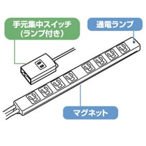 サンワサプライ 抜け止めタップ(手元集中スイッチ付) 3P・8個口+手元スイッチ1個口 ライン型 マグネット付 電源コード長:2m 抜け止めタップ(手元集中スイッチ付) 3P・8個口+手元スイッチ1個口 ライン型 マグネット付 電源コード長:2m TAP-MG3812N 画像2