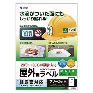 サンワサプライ 屋外用カラーレーザーラベル フリーカットタイプ A4サイズ 全天候型 つやなしマット・超強粘着タイプ 結露面対応 10シート入 LB-ELM09