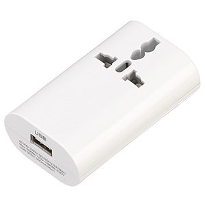 電材堂 【販売終了】海外用マルチ変換プラグ 2個口+USB1ポート A・C・O・BF・SEタイプ対応 USB出力1A ホワイト HPM4WHECO