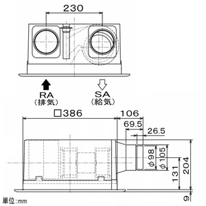 VL-200ZSA3 (三菱)｜ダクト用ロスナイ 電子式シャッター付｜換気扇