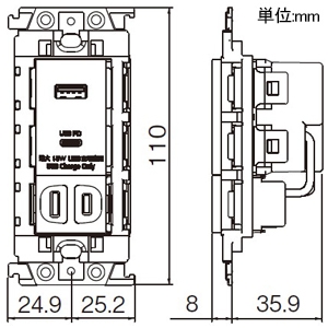 パナソニック 埋込充電用USBコンセント アドバンスシリーズ 2ポート 18W USB-A・C 扉付コンセント付 送り端子なし 絶縁枠付 グレー 埋込充電用USBコンセント アドバンスシリーズ 2ポート 18W USB-A・C 扉付コンセント付 送り端子なし 絶縁枠付 グレー WTL147740H 画像2